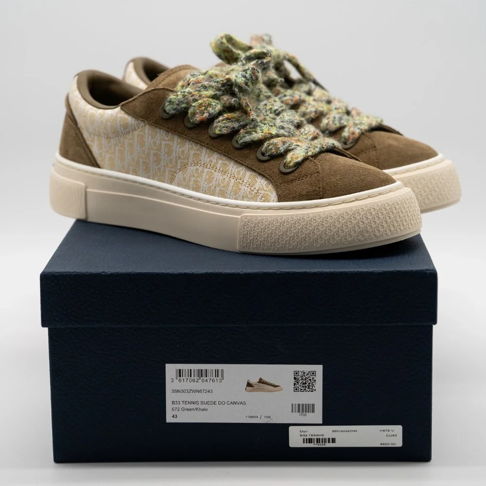 size 43eu 10 US Dior B33 Tennis Green Khaki Suede Sneakers Canvas - Picture 12 of 13
